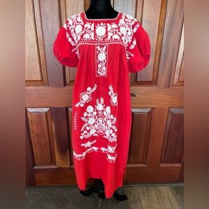 Oaxaca Mexican Red/white Dress Hand Floral Embroidery Crochet Edge M/L Boho